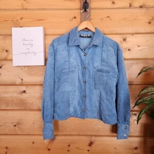Jolie & Joy Blue Crop Corduroy Jacket Pocket Oversize‎ Terrycloth Shacket Size S